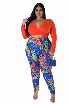 Chill Mode Final Sale Plus Size 2pc Long Sleeve Faux Wrap Collar Orange Crop Tie Top and Pants in Multi Color Swirl Print