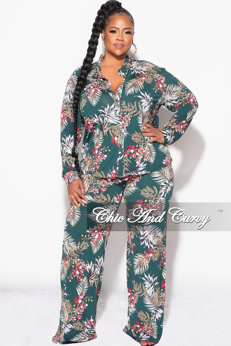 Final Sale Plus Size 2pc Long Sleeved Button Up Shirt and Pants Set in Forest Green & Cranberry Flexible Material