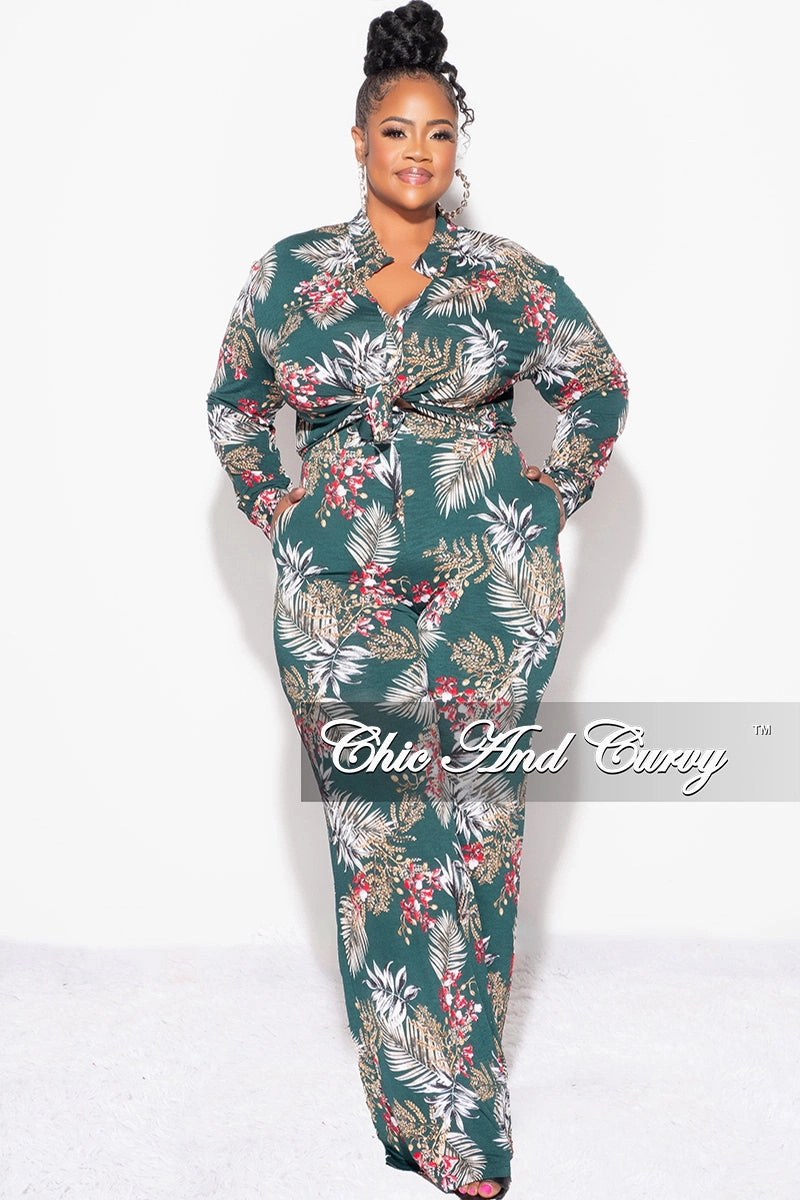 Everyday Flex Final Sale Plus Size 2pc Long Sleeved Button Up Shirt and Pants Set in Forest Green & Cranberry