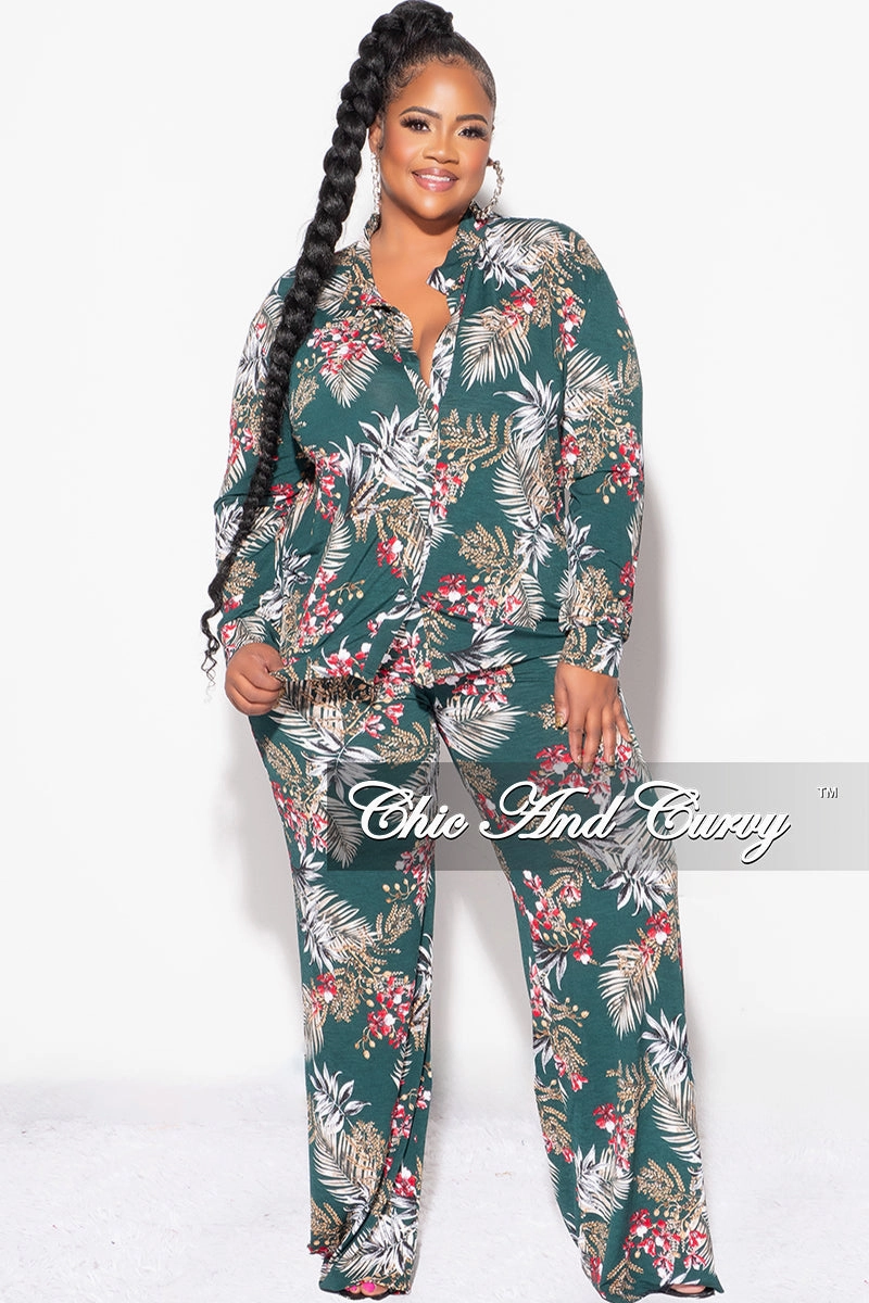 ripstop fabric Final Sale Plus Size 2pc Long Sleeved Button Up Shirt and Pants Set in Forest Green & Cranberry