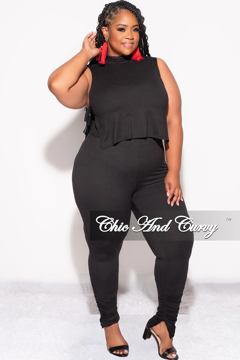 Final Sale Plus Size 2pc Mock Neck Side Knot Tie Crop Top and Ruched Pants Set in Black Stretchable Wear High Durability Stitching