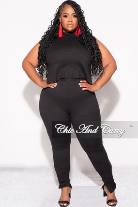 Final Sale Plus Size 2pc Mock Neck Side Knot Tie Crop Top and Ruched Pants Set in Black Comfortable Design Timeless Comfort