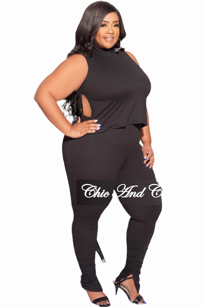 Final Sale Plus Size 2pc Mock Neck Side Knot Tie Crop Top and Ruched Pants Set in Black Casual Performance