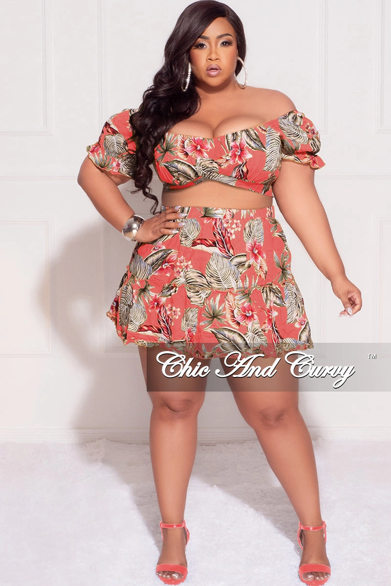 Fresh Fit Flexible Cut Final Sale Plus Size 2pc Off the Shoulder Crop Top and Skirt Set in Mauve Floral Print