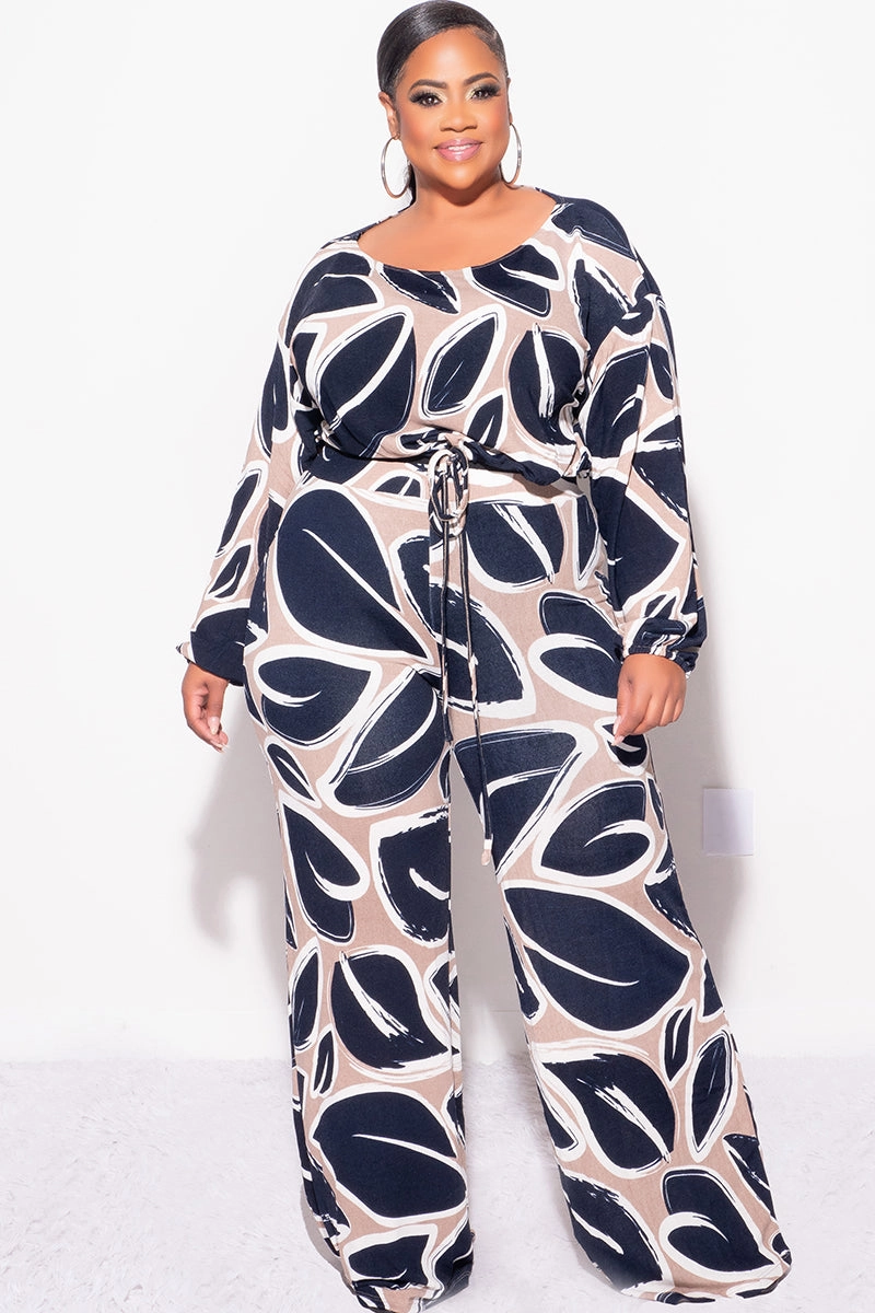 Final Sale Plus Size 2pc Off the Shoulder Knit Loose Fit Crop Tie Top and Palazzo Pants Set in Navy and Tan Smart Design