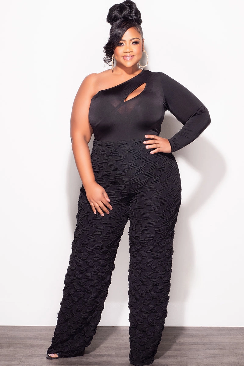Easy Stretch Anti Snag Fabric Final Sale Plus Size 2pc One Shoulder Cutout Bodysuit Top and Pants Set in Black