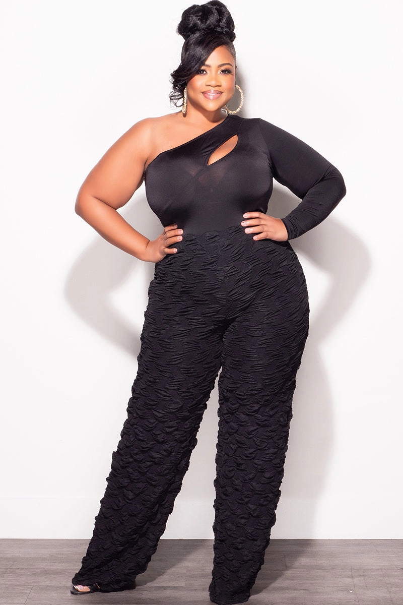 Elastic waist Final Sale Plus Size 2pc One Shoulder Cutout Bodysuit Top and Pants Set in Black
