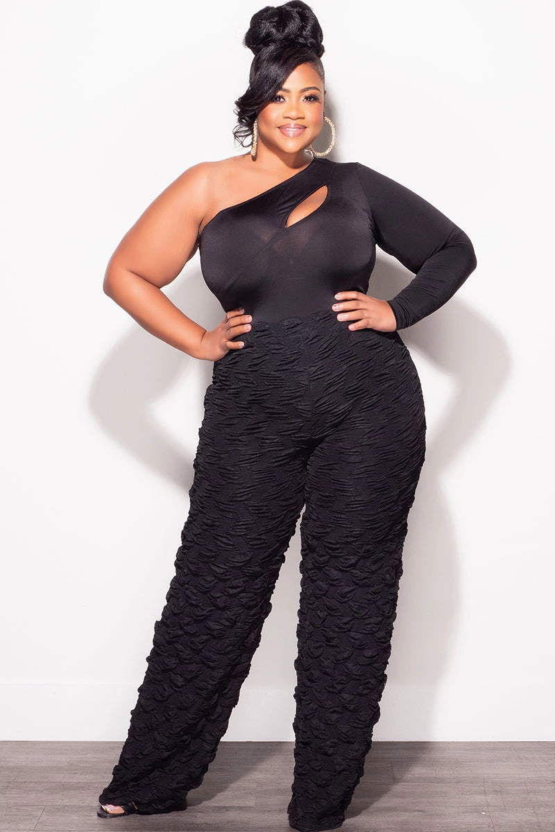 Final Sale Plus Size 2pc One Shoulder Cutout Bodysuit Top and Pants Set in Black Flexible Ankle Cuffs Athletic Comfort