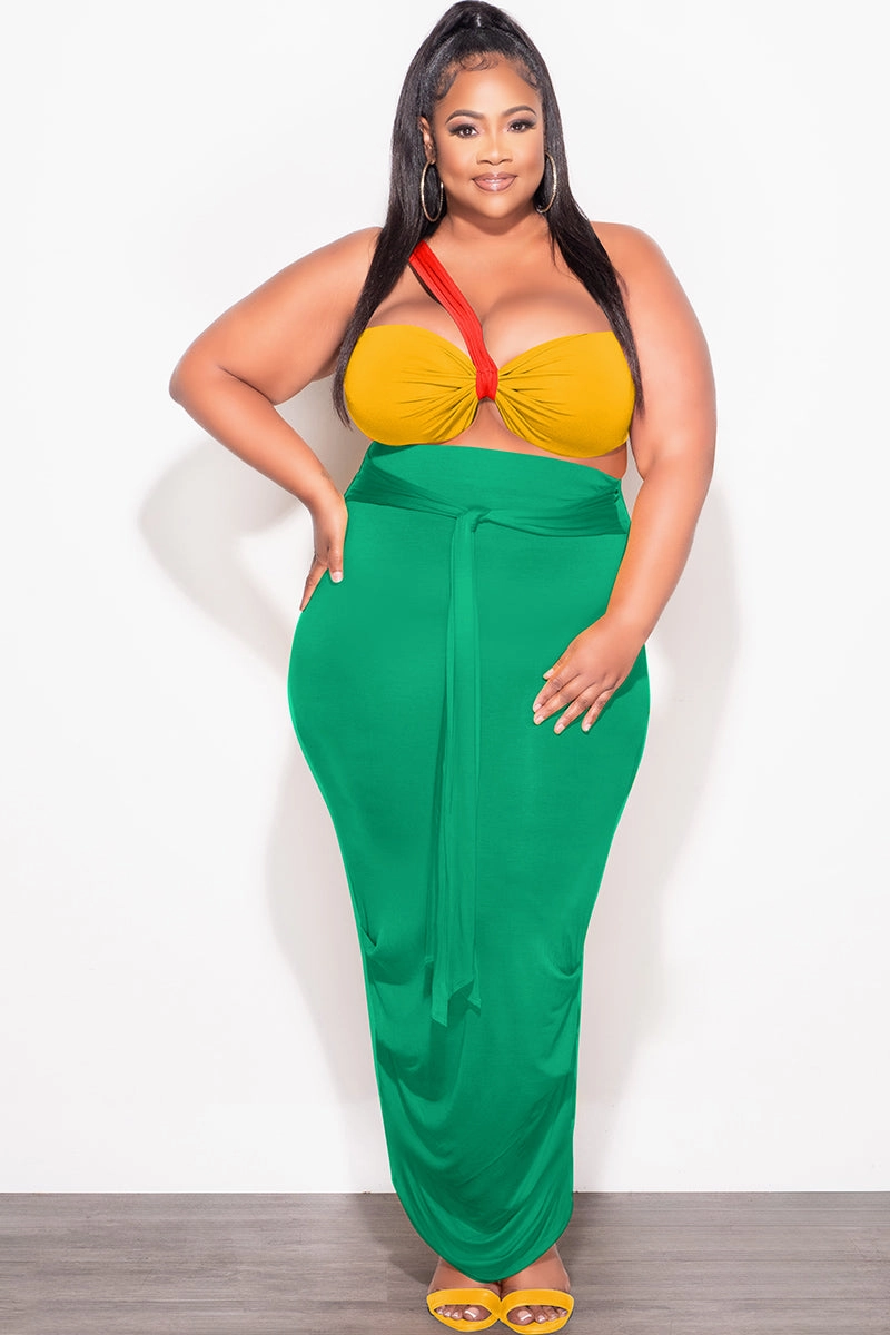 Relaxed Wear Durable Wear Final Sale Plus Size 2pc One Shoulder Twist Front Bra Top and Ruched Skirt in Orange Yellow and Green
