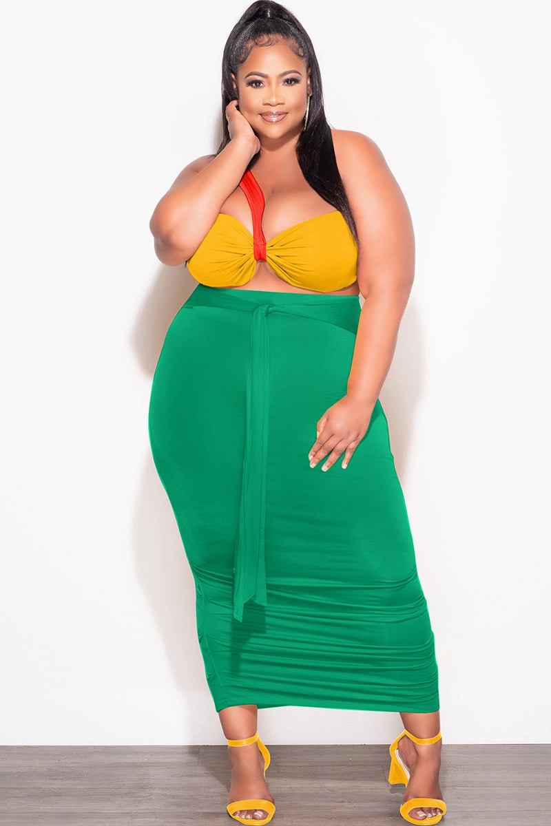 Odor control Anti Static Fabric Final Sale Plus Size 2pc One Shoulder Twist Front Bra Top and Ruched Skirt in Orange Yellow and Green