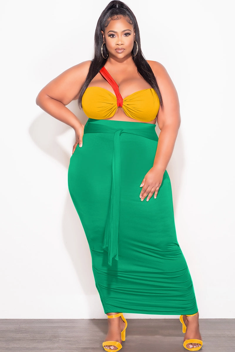 Final Sale Plus Size 2pc One Shoulder Twist Front Bra Top and Ruched Skirt in Orange Yellow and Green Casual Active Wear