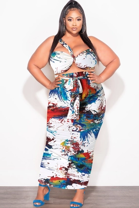 Final Sale Plus Size 2pc One Shoulder Twist Front Bra Top and Skirt in Multi Color Print Relax Fit Design Cool Comfort