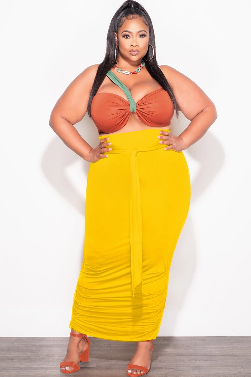 Final Sale Plus Size 2pc One Shoulder Twist Front Crop Top and Ruched Skirt in Yellow Dark Rust and Green Casual Active Wear