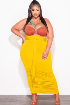 StainResistantFinish NonBindingWaistline Final Sale Plus Size 2pc One Shoulder Twist Front Crop Top and Ruched Skirt in Yellow Dark Rust and Green