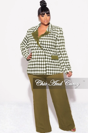 Final Sale Plus Size 2pc Pants Suit in Olive and White Diamond Print Stretch Panels