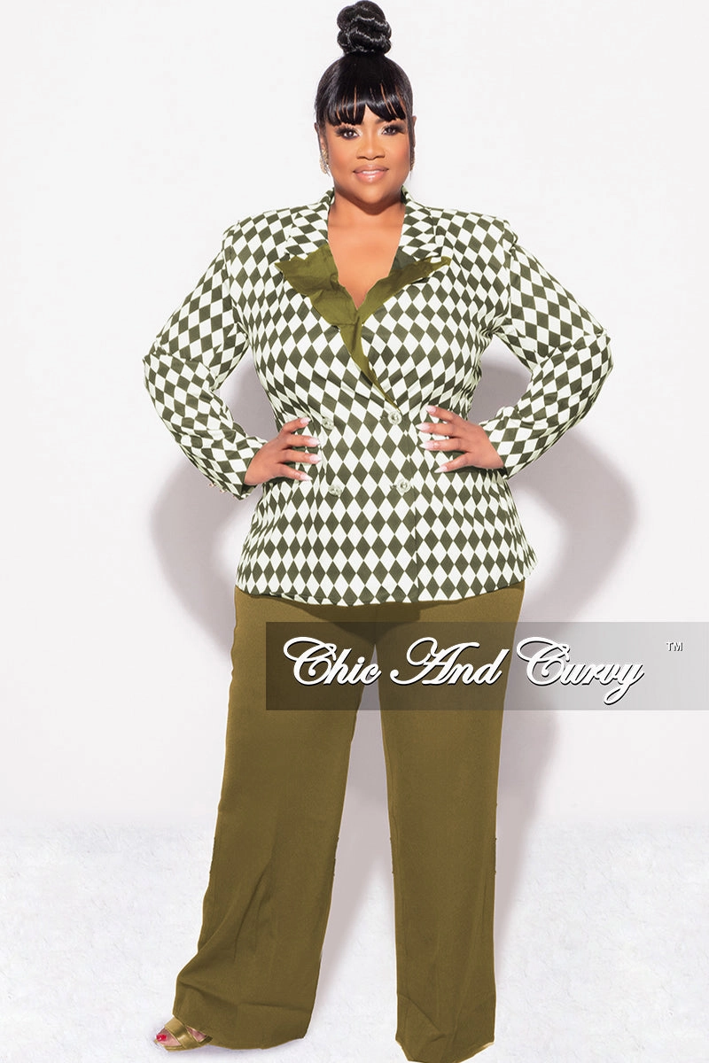 Smart Style Final Sale Plus Size 2pc Pants Suit in Olive and White Diamond Print