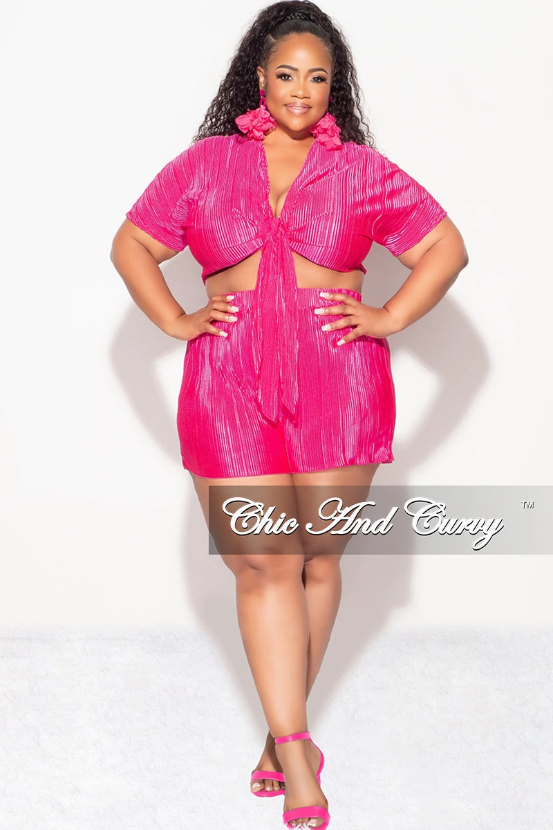 Trendy Look Cooling Fabric Final Sale Plus Size 2pc Pleated Crop Tie Top & Short Set in Fuchsia