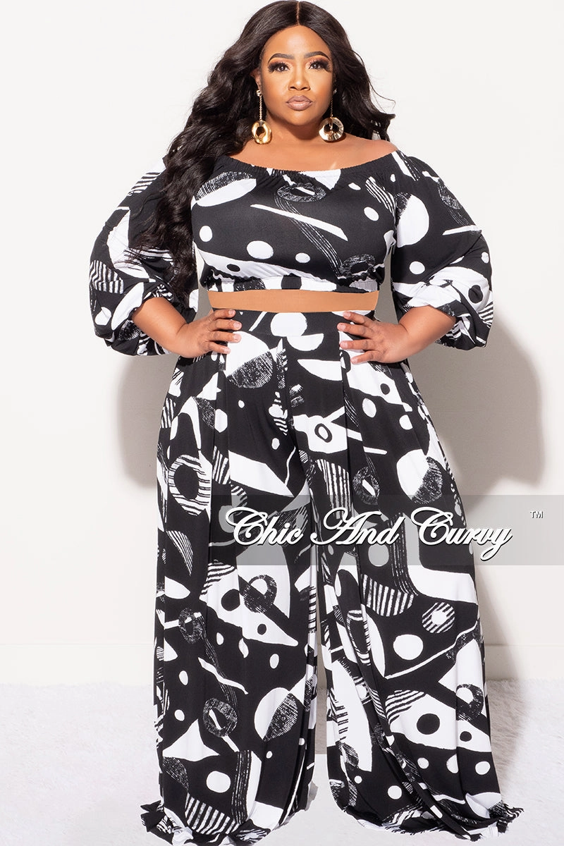 Sporty Fit Design UVProtectiveLayer Final Sale Plus Size 2pc Puffy Sleeve Crop Top and Palazzo Pants Set in Black and White