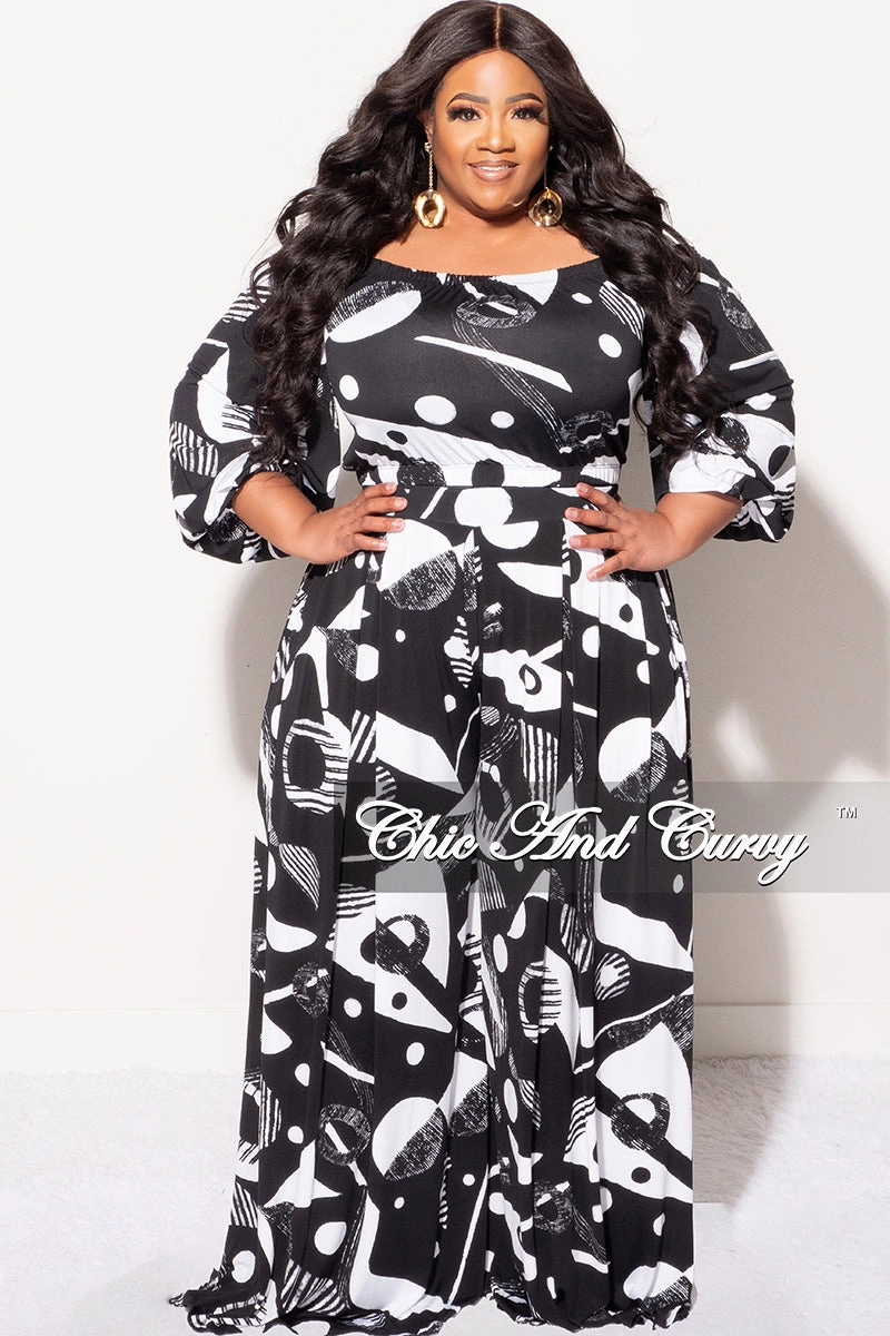 Final Sale Plus Size 2pc Puffy Sleeve Crop Top and Palazzo Pants Set in Black and White Anti Odor Technology