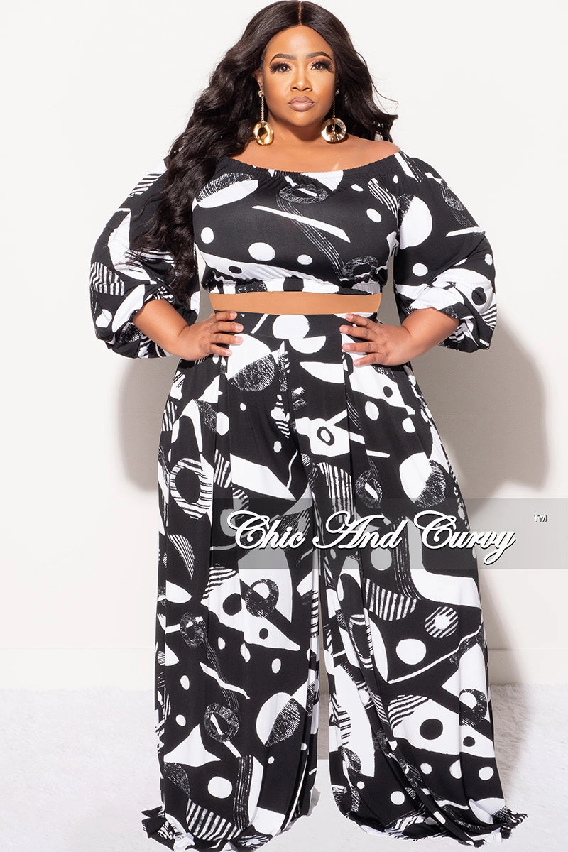Final Sale Plus Size 2pc Puffy Sleeve Crop Top and Palazzo Pants Set in Black and White RipstopFabric Flared bottom