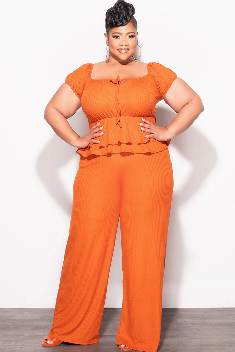 Stretch Fit Wear Final Sale Plus Size 2pc Ribbed Peplum Top and Pants Set in Orange
