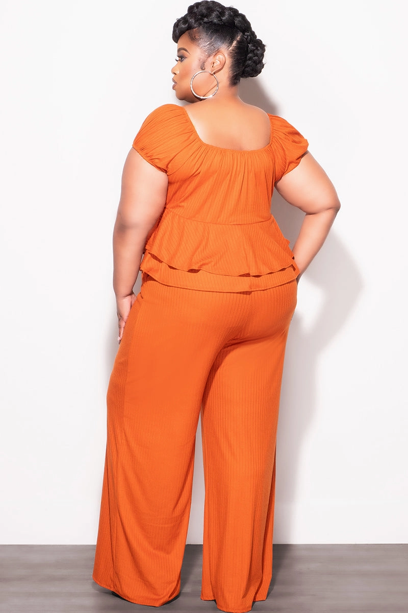 Final Sale Plus Size 2pc Ribbed Peplum Top and Pants Set in Orange Quick Release Buckle