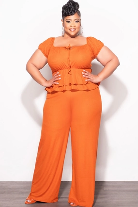 Non Irritating Tags Final Sale Plus Size 2pc Ribbed Peplum Top and Pants Set in Orange