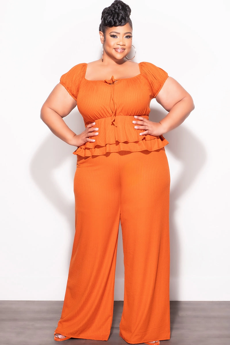 Odor Control Tech Final Sale Plus Size 2pc Ribbed Peplum Top and Pants Set in Orange