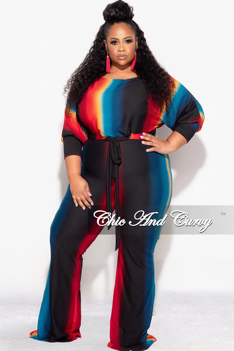 Tailored Fit Final Sale Plus Size 2pc Ribbed Tie Top and Pants Set In Black, Teal & Red