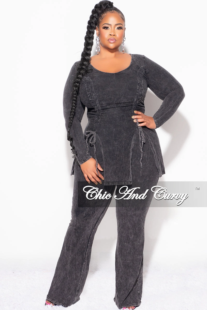 Final Sale Plus Size 2pc Ruched Drawstring Double Slit Top and Pants Set in Black Chic Vibe Active Utility