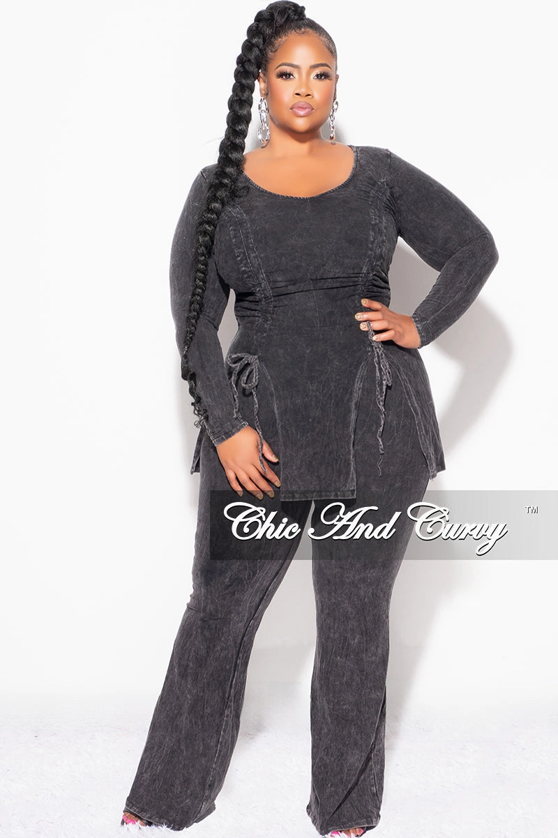 Final Sale Plus Size 2pc Ruched Drawstring Double Slit Top and Pants Set in Black Smart Fit
