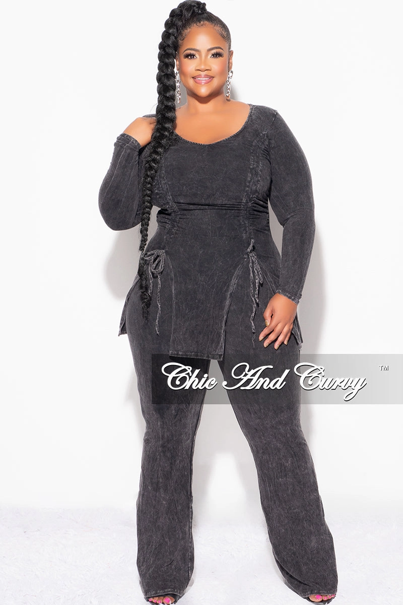 RecyclablePackaging Final Sale Plus Size 2pc Ruched Drawstring Double Slit Top and Pants Set in Black