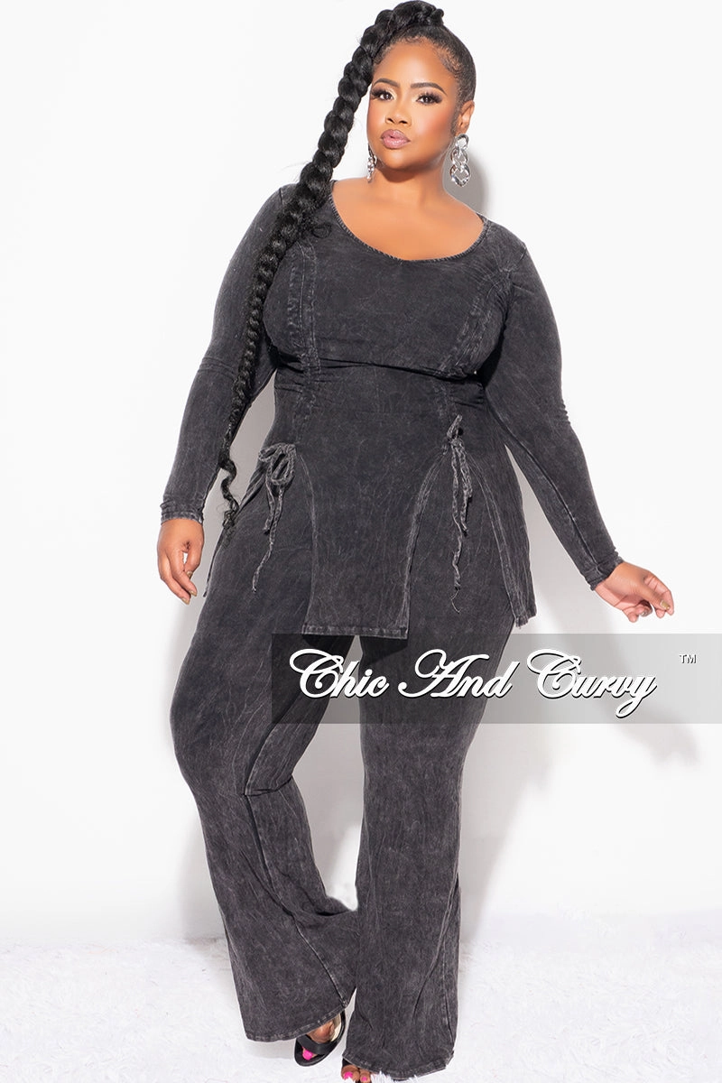 Flexible shape Final Sale Plus Size 2pc Ruched Drawstring Double Slit Top and Pants Set in Black