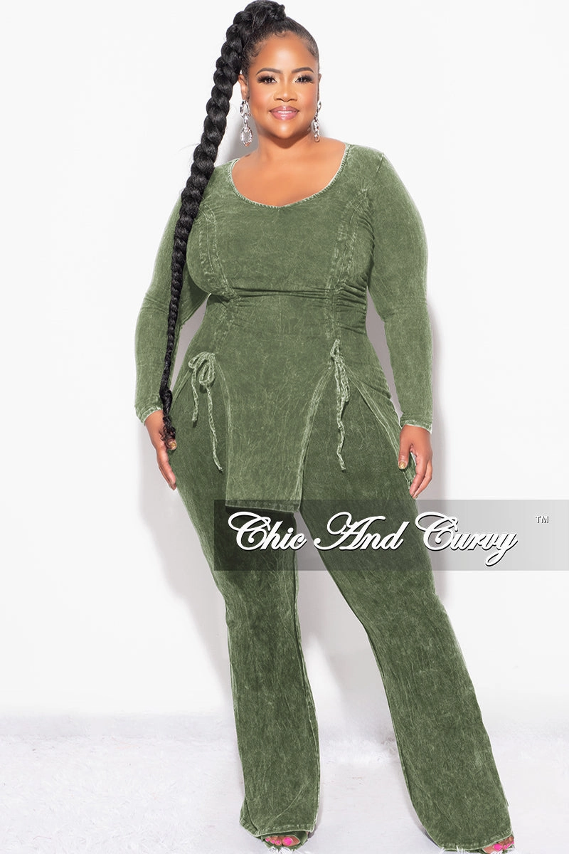 Final Sale Plus Size 2pc Ruched Drawstring Double Slit Top and Pants Set in Green Comfort Cushioning
