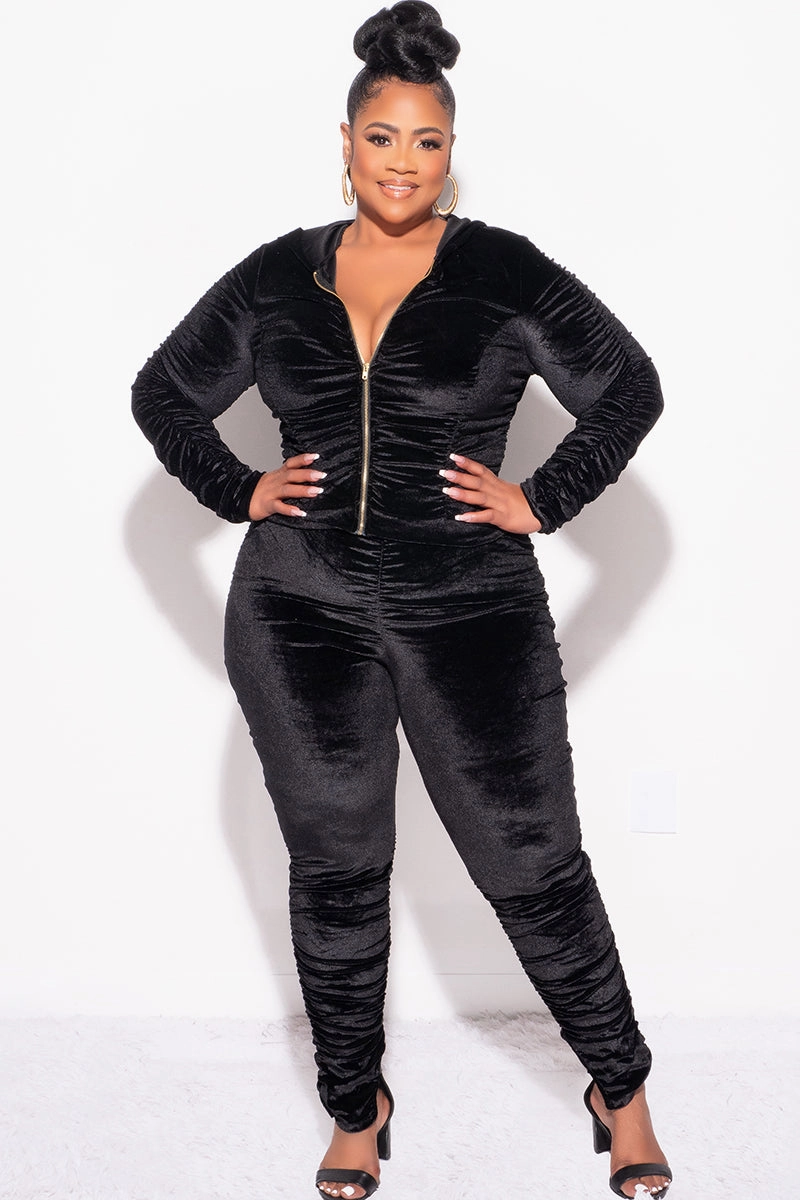 Final Sale Plus Size 2pc Ruched Hooded Zip-Up Top and Pants Set in Black Velvet Perfect Comfort