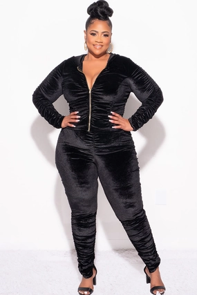 Final Sale Plus Size 2pc Ruched Hooded Zip-Up Top and Pants Set in Black Velvet Perfect Comfort