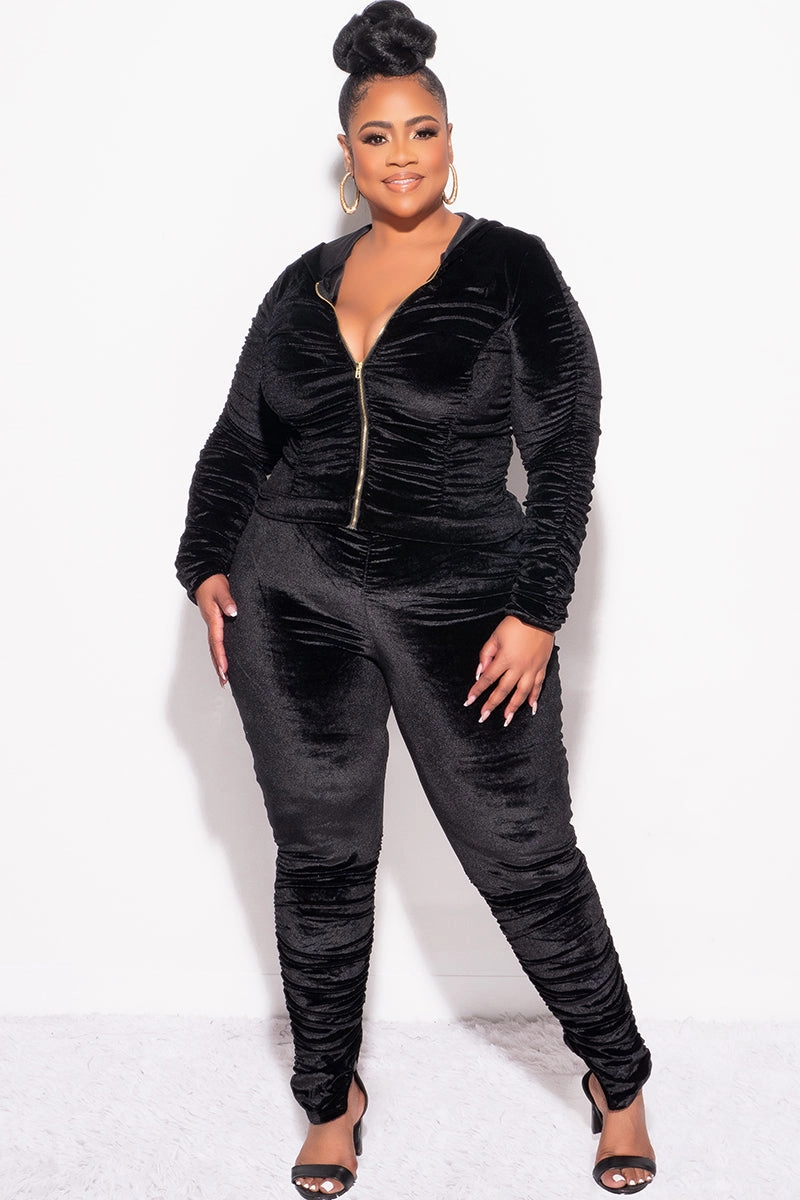 Final Sale Plus Size 2pc Ruched Hooded Zip-Up Top and Pants Set in Black Velvet Comfortable Look Stretch Material
