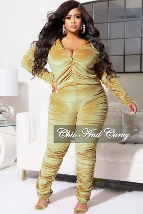 Chilly Weather Wear Movement Comfort Final Sale Plus Size 2pc Ruched Hooded Zip-Up Top and Pants Set in Mustard Velvet