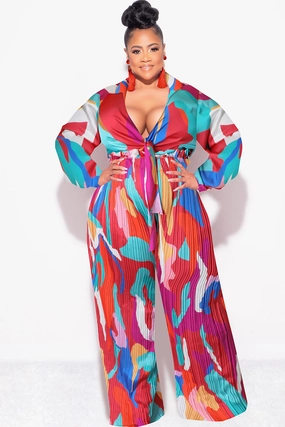 Sport Wear Fit Final Sale Plus Size 2pc Satin Collar Tie Crop Top and Palazzo Pleated Pants in Multi Color Design Print