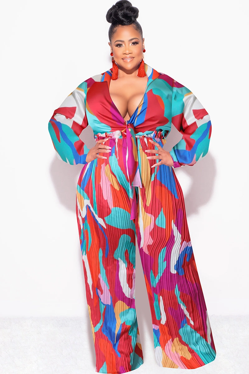 Sport Wear Fit Final Sale Plus Size 2pc Satin Collar Tie Crop Top and Palazzo Pleated Pants in Multi Color Design Print