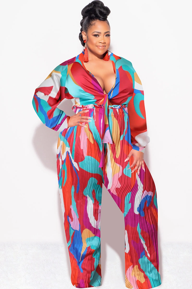 Ergonomic Cut Final Sale Plus Size 2pc Satin Collar Tie Crop Top and Palazzo Pleated Pants in Multi Color Design Print