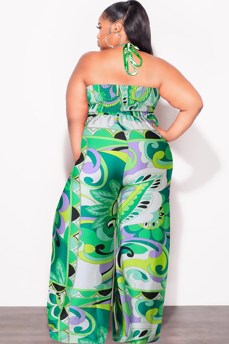 Final Sale Plus Size 2pc Satin Halter Bra Top and Palazzo Pants in Multi Color Green Design Print Anti Odor Technology SlimFit