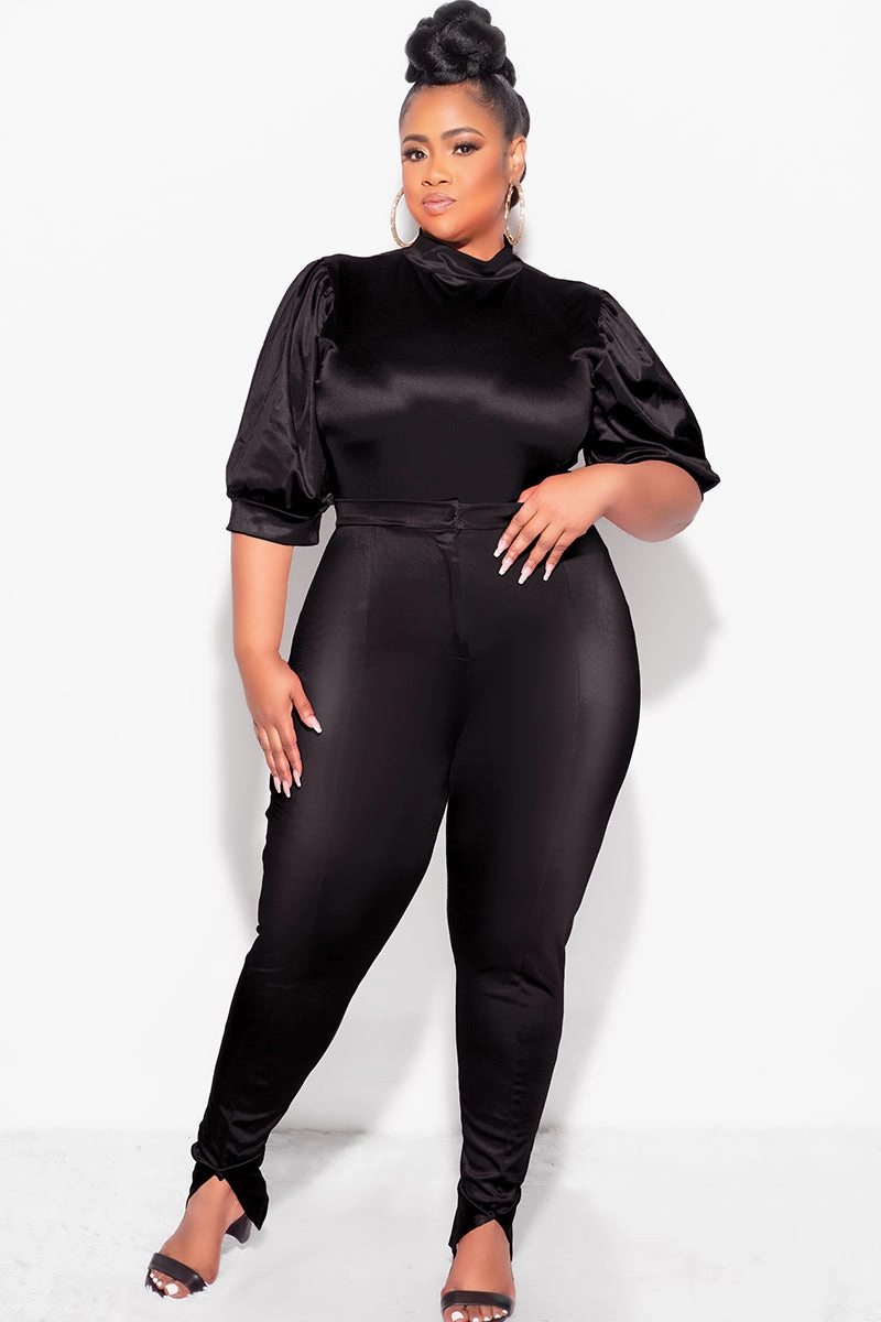 Final Sale Plus Size 2pc Satin Puffy Short Sleeve Bodysuit and Pants Set in Black Outdoor Comfort Fit