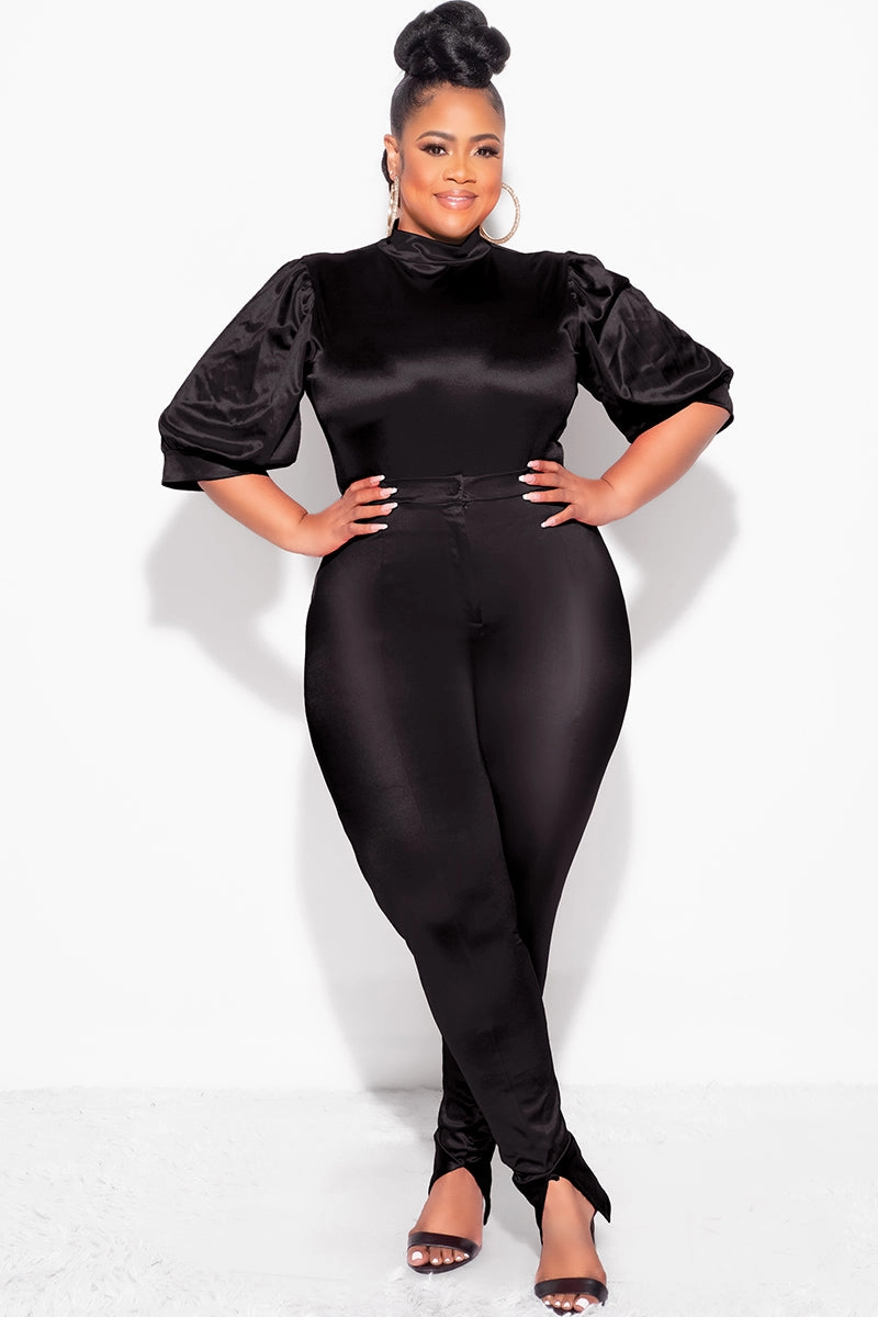 Final Sale Plus Size 2pc Satin Puffy Short Sleeve Bodysuit and Pants Set in Black Stretchable Waist