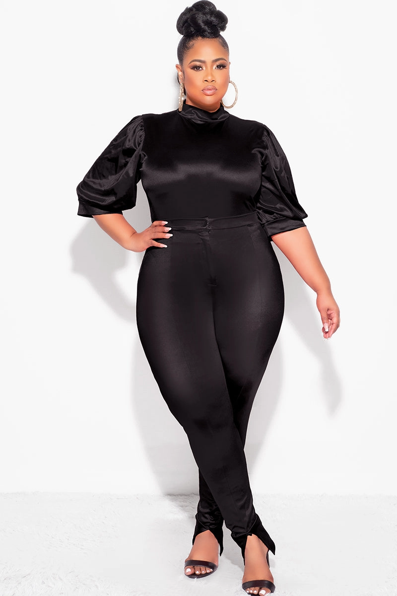 Tough Build Decorative stitching Final Sale Plus Size 2pc Satin Puffy Short Sleeve Bodysuit and Pants Set in Black