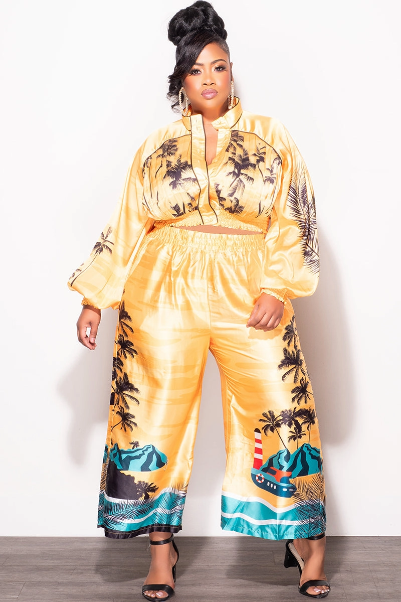 High Durability Stitching Final Sale Plus Size 2pc Satin Set with Crop Top and Culottes Pants in Mustard Palm Print