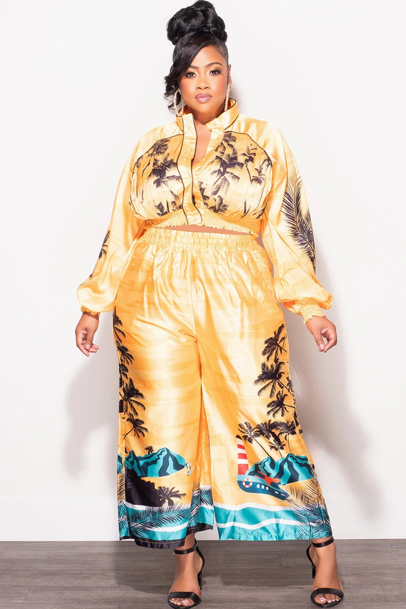 Final Sale Plus Size 2pc Satin Set with Crop Top and Culottes Pants in Mustard Palm Print Natural Movement Relaxed Fit