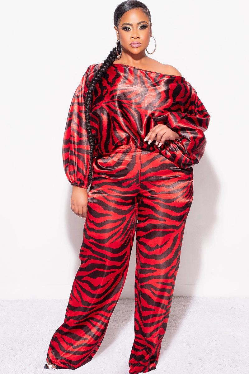 Final Sale Plus Size 2pc Satin Top and Palazzo Pants Set in Red and Black Zebra Print Stretchy Waist Stretch Panel