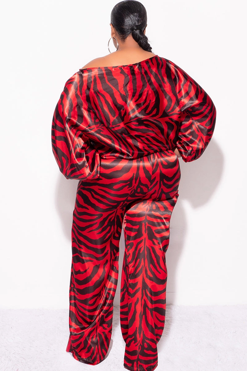 Final Sale Plus Size 2pc Satin Top and Palazzo Pants Set in Red and Black Zebra Print Comfy Ease