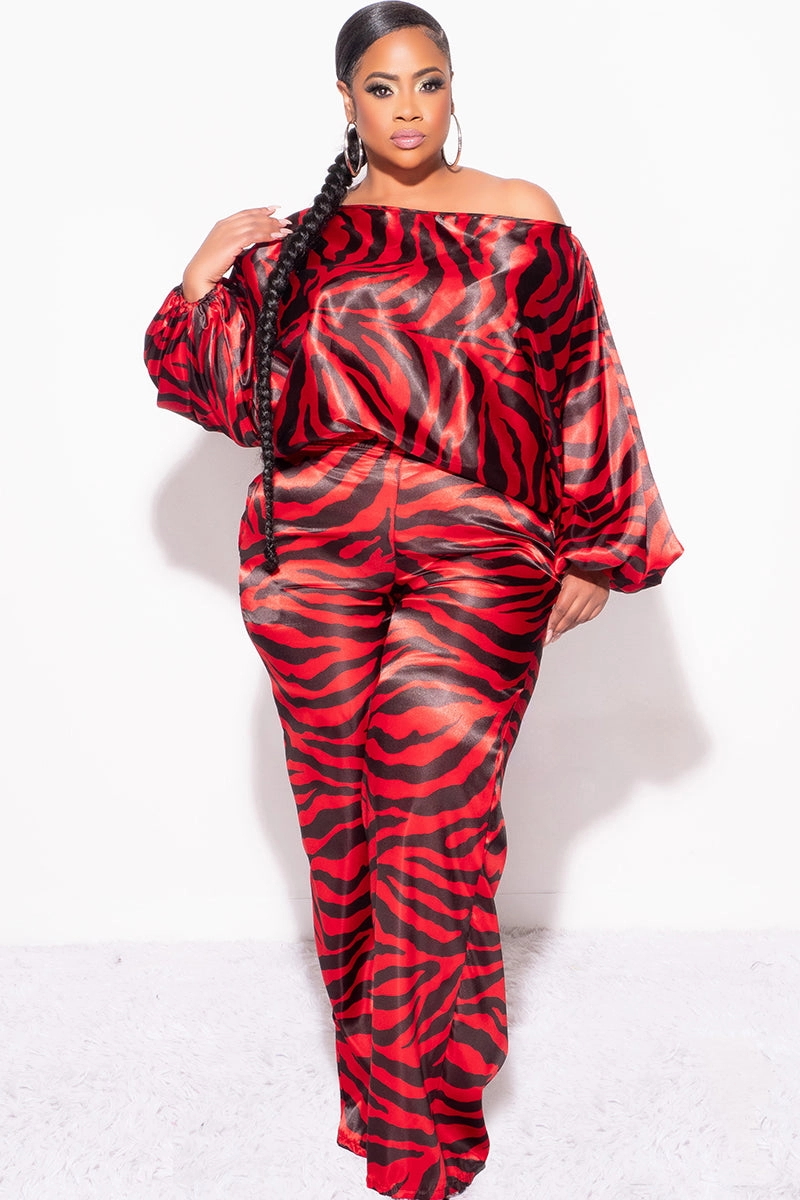 Final Sale Plus Size 2pc Satin Top and Palazzo Pants Set in Red and Black Zebra Print NonSlipInnerGrip